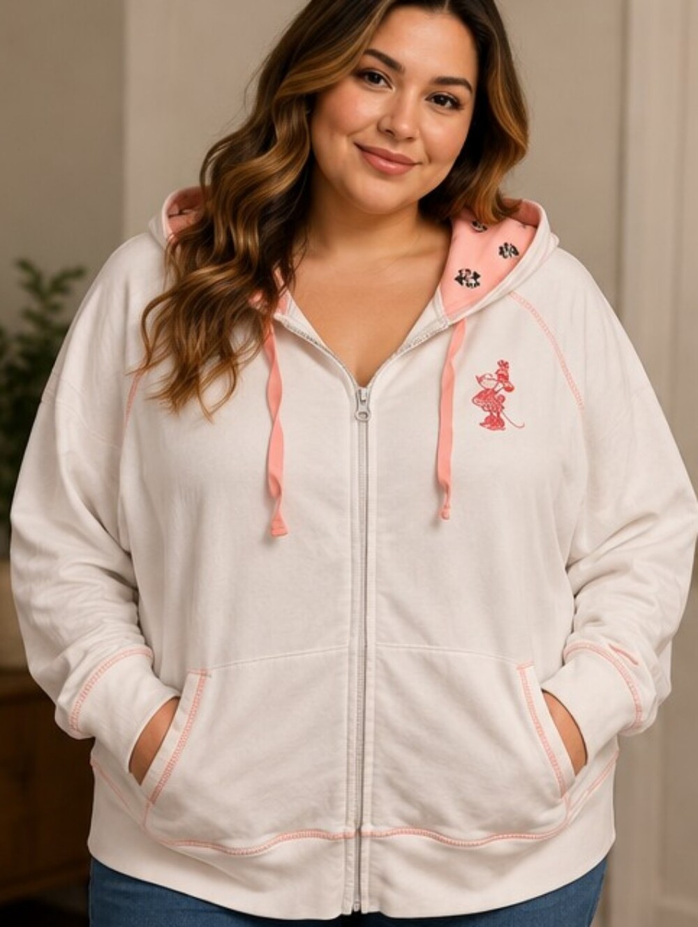 Disney Parks Minnie Mouse Zip Up Hoodie White Pink 3X